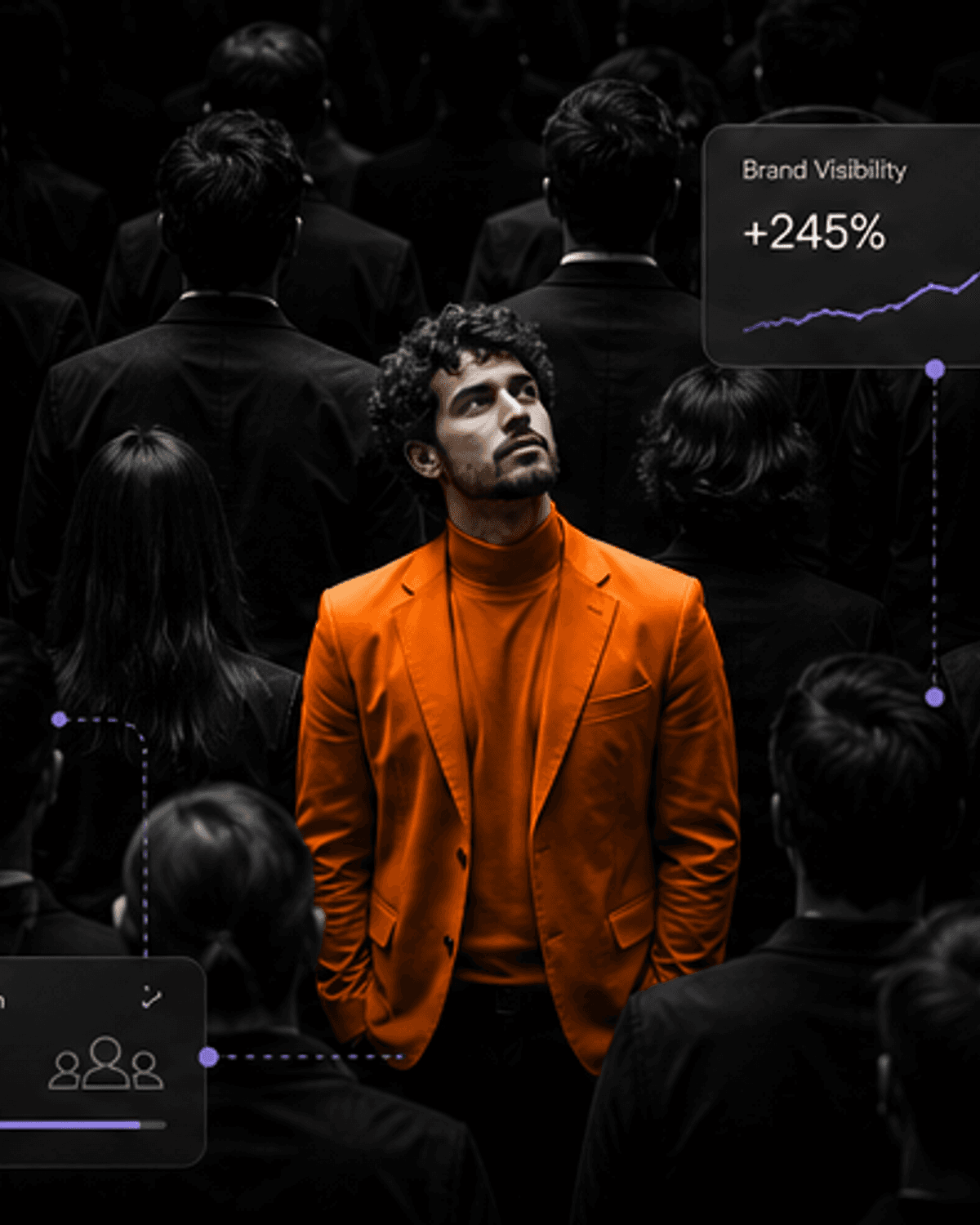 Brand strategy visual for Indivaah showing a standout orange subject among a dark crowd with brand visibility analytics.