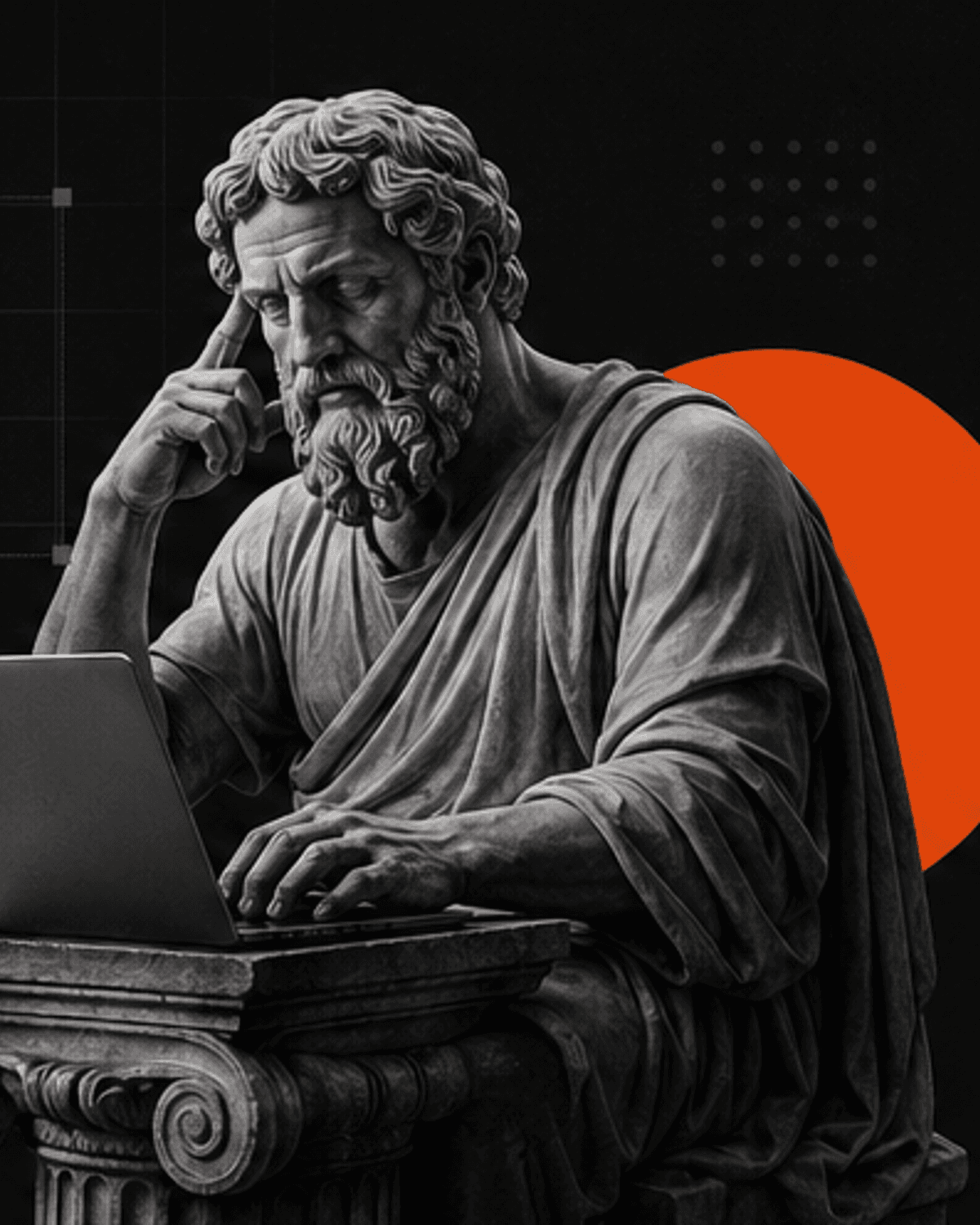 Website design visual for Indivaah with a classical statue, laptop, dark grid, and premium UI wireframe overlays.